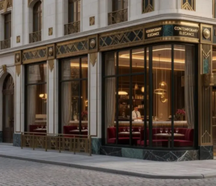 Detale architektoniczne Art Deco, złote linie i geometryczne wzory w wystroju Wonderstar s. r. o..