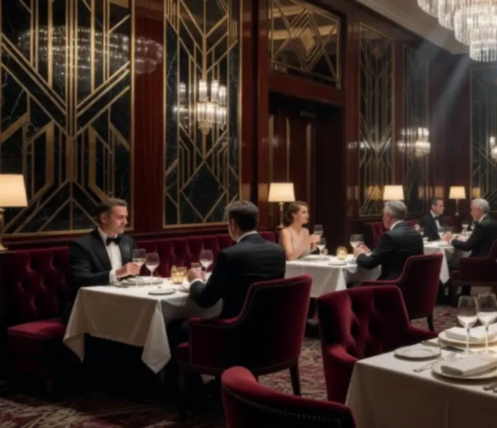 Ciemne, eleganckie wnętrze Wonderstar s. r. o. w stylu Art Deco z nakrytymi stołami i podświetlonym barem.