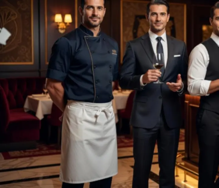 Zespół Wonderstar s. r. o. – szef kuchni, sommelier i barmani w eleganckich strojach w Art Deco wnętrzu.