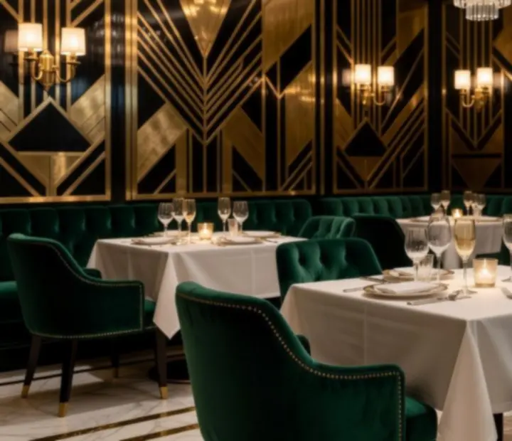 Art déco aranżacja wnętrza restauracji z kryształowym światłem i eleganckimi stolikami