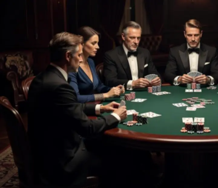 Goście przy eleganckim stoliku pokerowym podczas kasynowego wieczoru offline