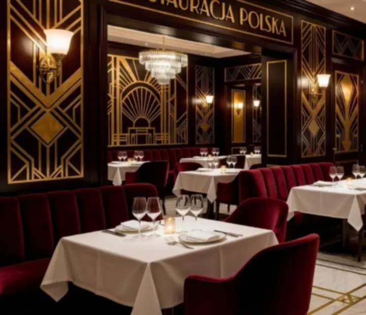Eleganckie wnętrze restauracji Wonderstar s. r. o. z art déco i subtelnym oświetleniem