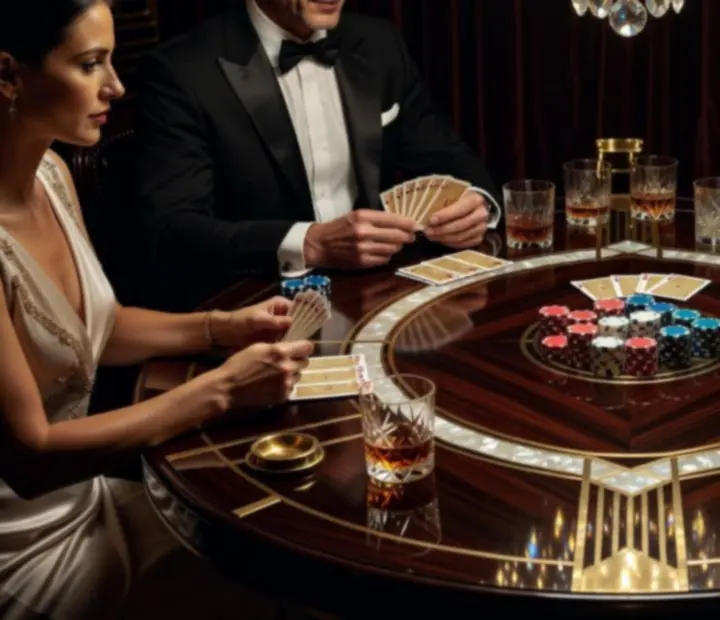 Zbliżenie na elegancki stół pokerowy z kartami i żetonami w restauracji Wonderstar s. r. o.